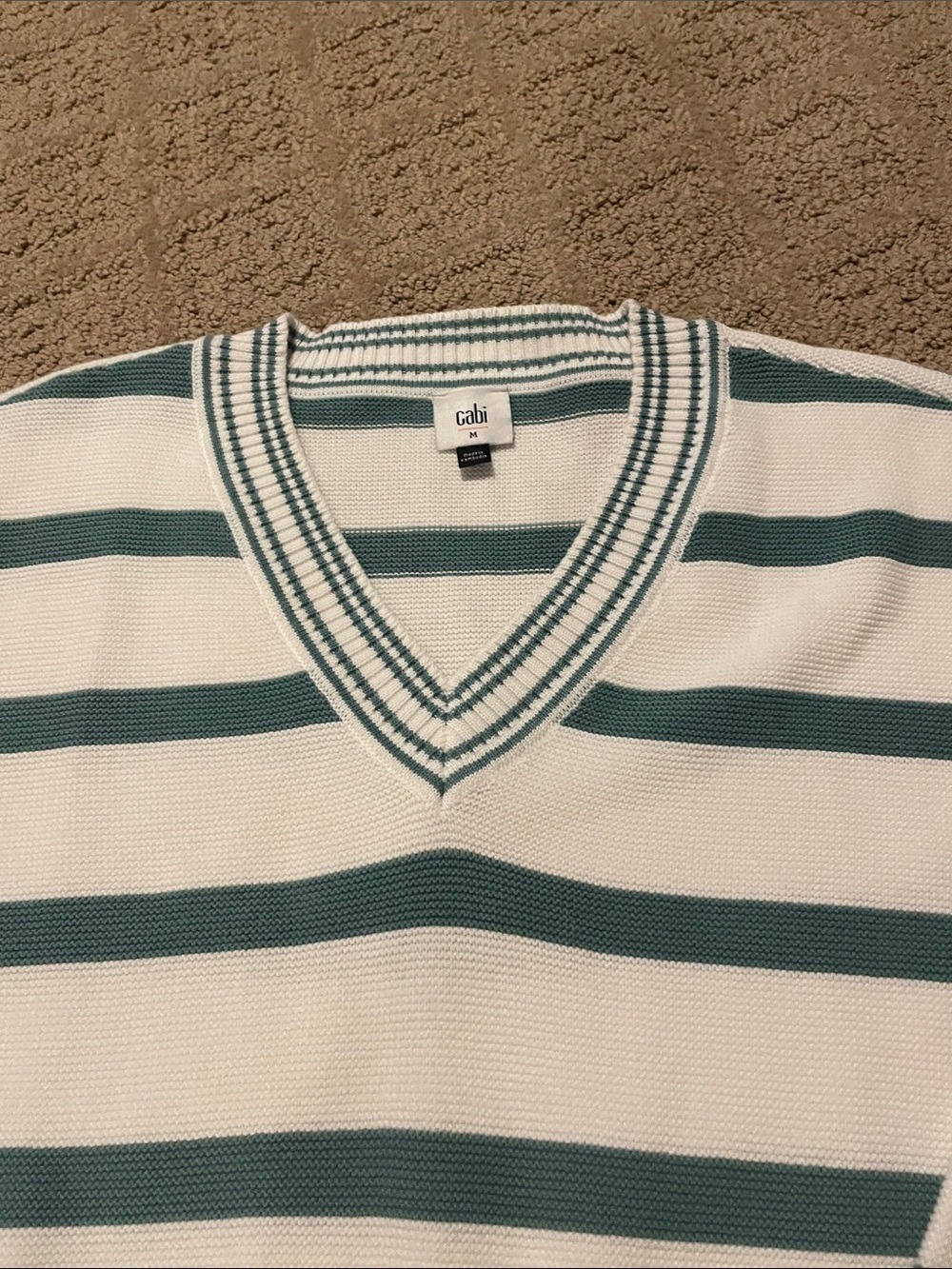 CAbi White and Teal Striped V-Neck Sweater - Picture 2 of 4